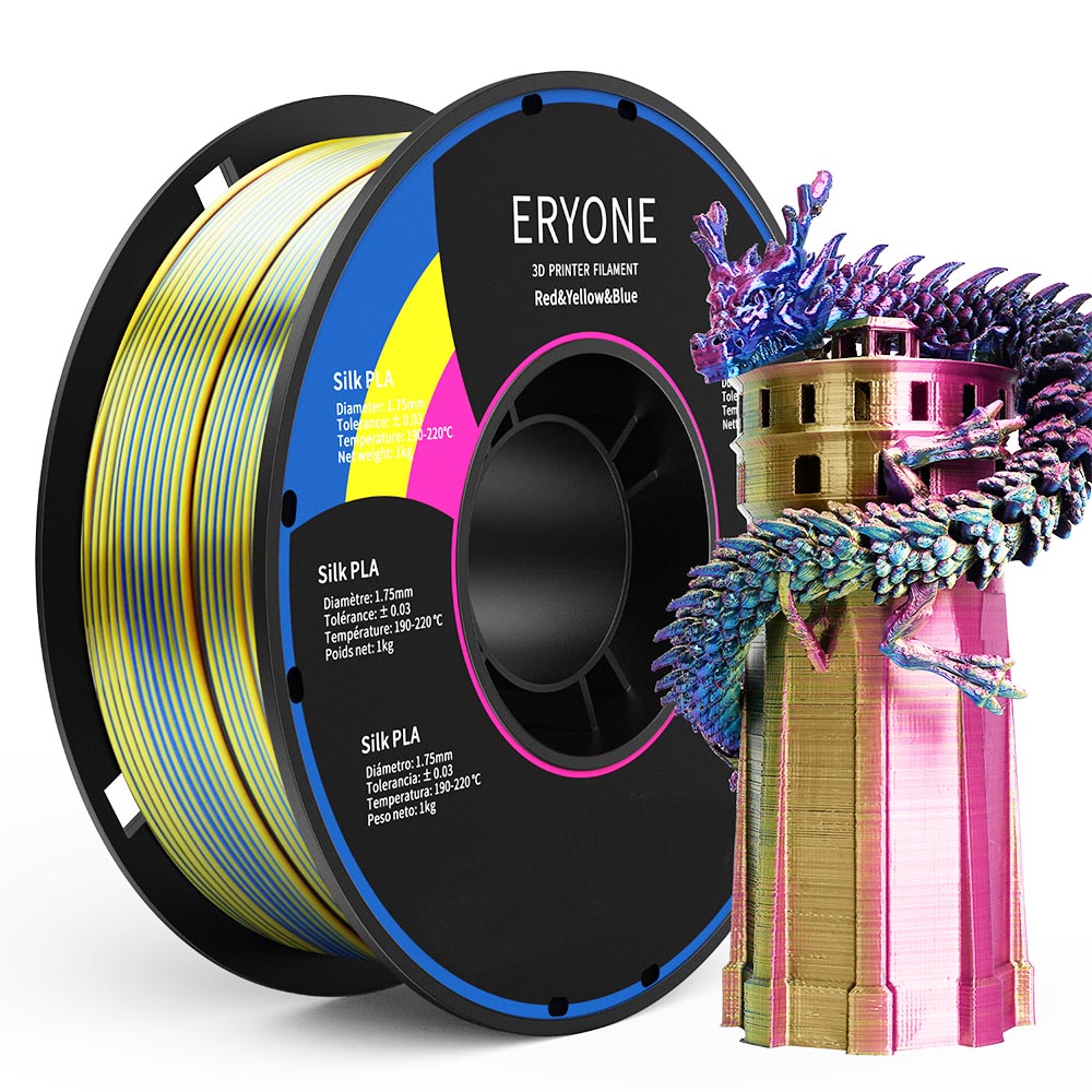 

ERYONE Triple-Color Silk PLA Filament for 3D Printers, 1.75mm Accuracy +/- 0.03 mm, 1kg (2.2LBS)/Spool - Red + Yellow + Blue