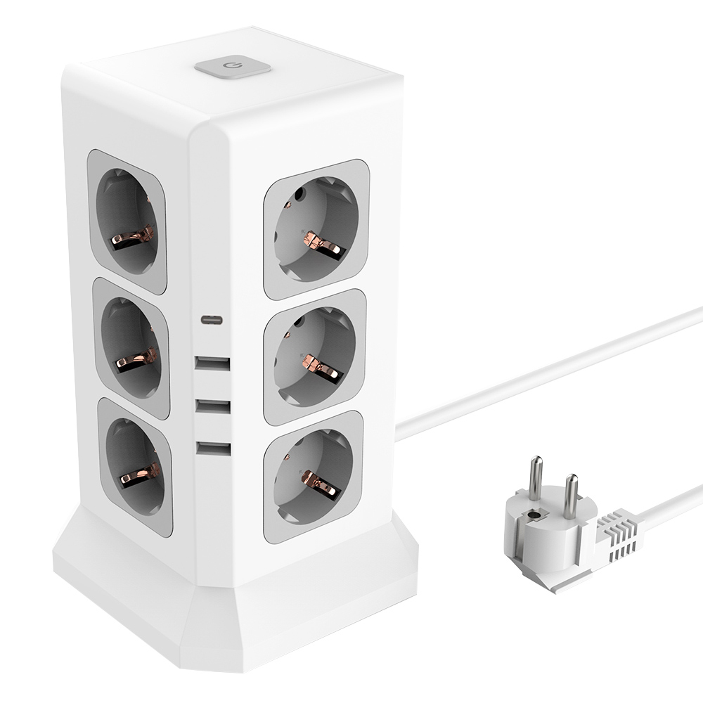 Sopend E11 Vertical Tower Power Strip Socket with EU Plug, 4 USB Ports, 12 AC Outlets Power Socket with 2m Cable