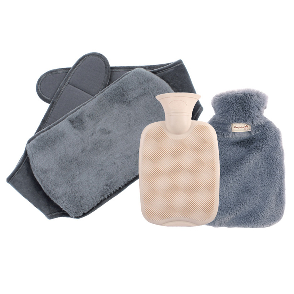 [2 Sets] 1000ml PVC Hot Water Bottle, Imitation Rabbit Plush Cover, Warm Belly Long Waist Belt, 3Pcs/Set – Dark Grey