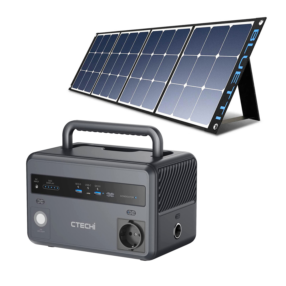 CTECHi GT300 300W สถานีไฟฟ้าแบบพกพา + BLUETTI SP120 120W แผงโซลาร์เซลล์แบบพับได้ชุดจ่ายไฟกลางแจ้ง, เครื่องกำเนิดไฟฟ้าพลังงานแสงอาทิตย์แบตเตอรี่ LiFePO299 4Wh, 5 เอาต์พุต, ตัวควบคุม MPPT ในตัว, 230 V AC/DC/USB C/QC3.0, เครื่องกำเนิดไฟฟ้าแบบเคลื่อนที่สำหรับ กลางแจ้ง