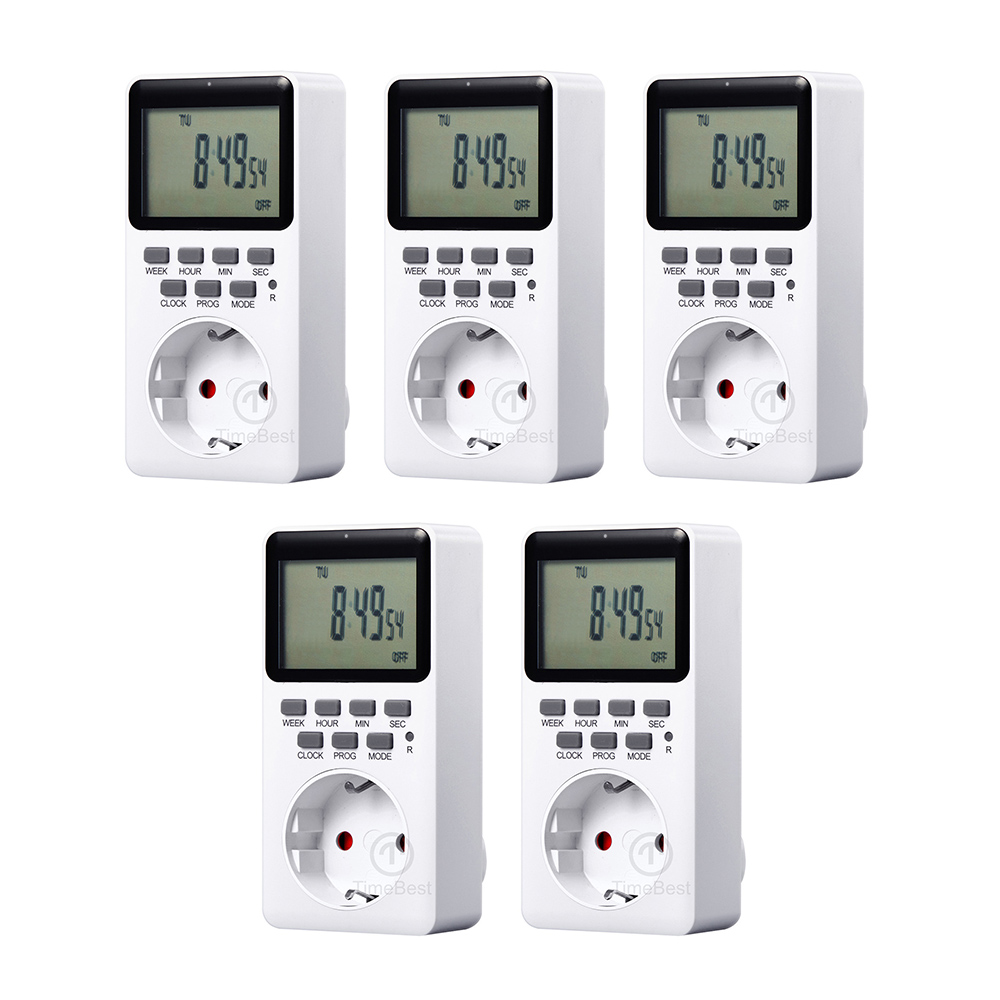 5PCS TIMEBEST SET09A Digital Timer Socket with 10 Configurable Programs, 230V AC 16A 3600W Timer Switch, Large LCD Display