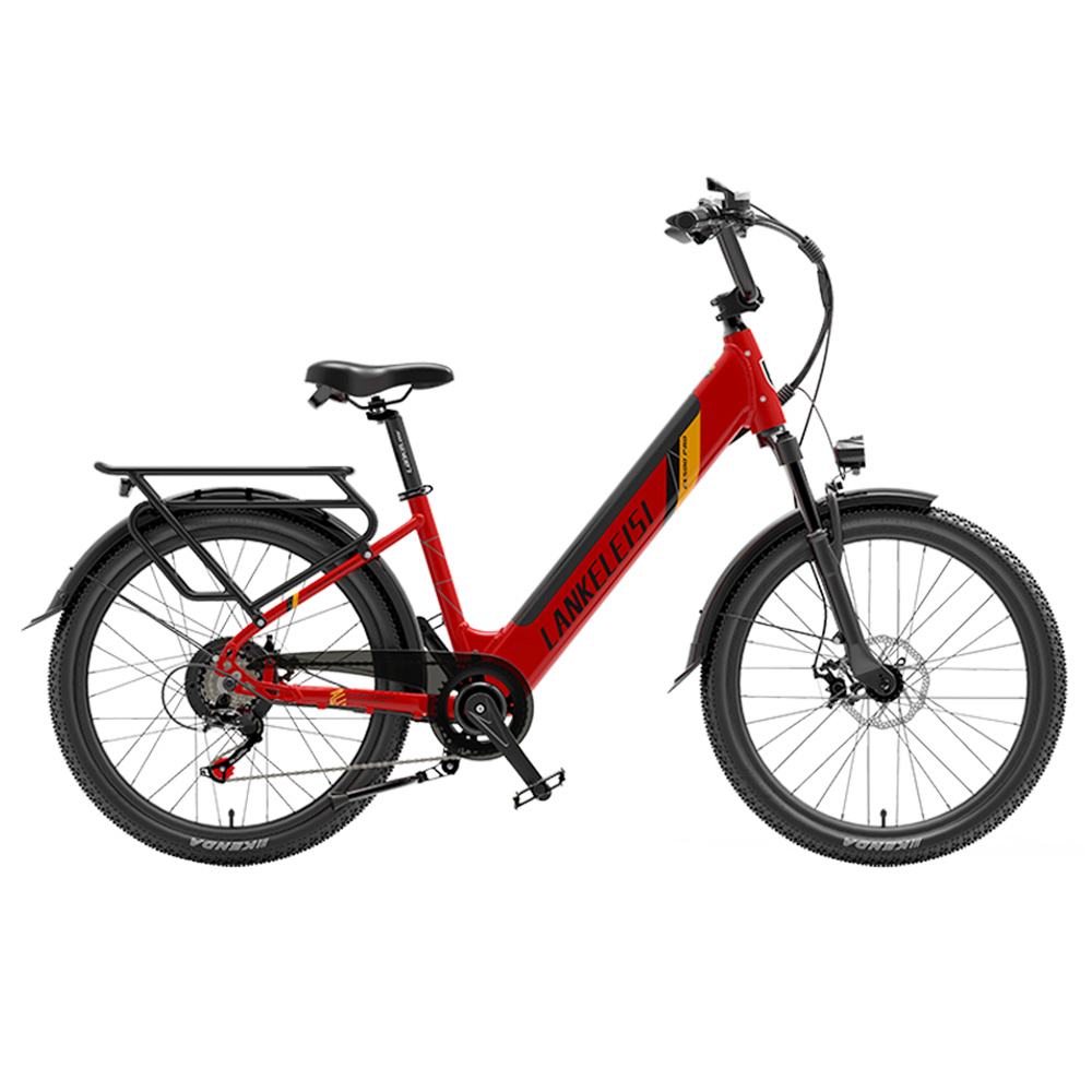 LANKELEISI ES500PRO Electric Bike 500W Motor 48V 14.5Ah Battery 24'' Tire 32km/h Max Speed Shimano 7 Speed Gear - Red
