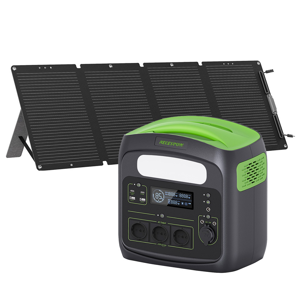 NECESPOW N1200 1200W Portable Power Station + 120W Foldable Solar Panel Emergency Power Supply 1280Wh 400000mAh LiFePO4 Battery, 230V AC Pure Sine Wave, 10 Outputs, LED Light Solar Generator for Outdoor, Camping, Home Use, Backup Power Supply Kit