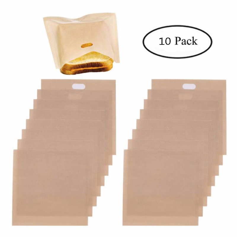 Non-Stick Teflon Toaster Bags, Reusable, Heat Resistant, Microwave BBQ Bag for Grilled Cheese Sandwiches, 10Pcs - Large