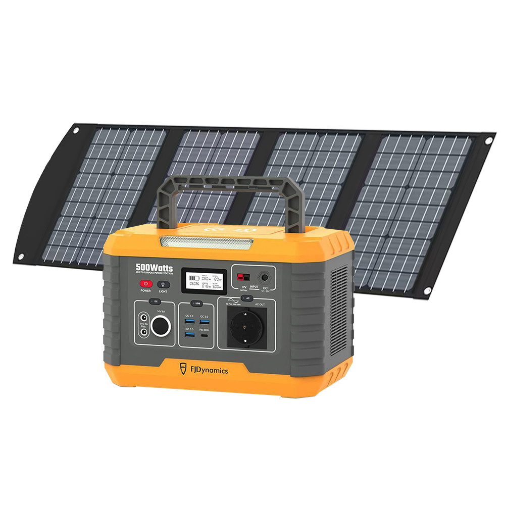 

FJDynamics PowerSec MP500 Portable Power Station + 120W Foldable Solar Panel, 500W (Peak 1000W) 520Wh Backup Battery Pure Sine Wave with 2 x AC Outlets, Wireless Charging, 8 Output Ports, Solar Generator for Outdoor Camping, Emergency, RV - EU Plug