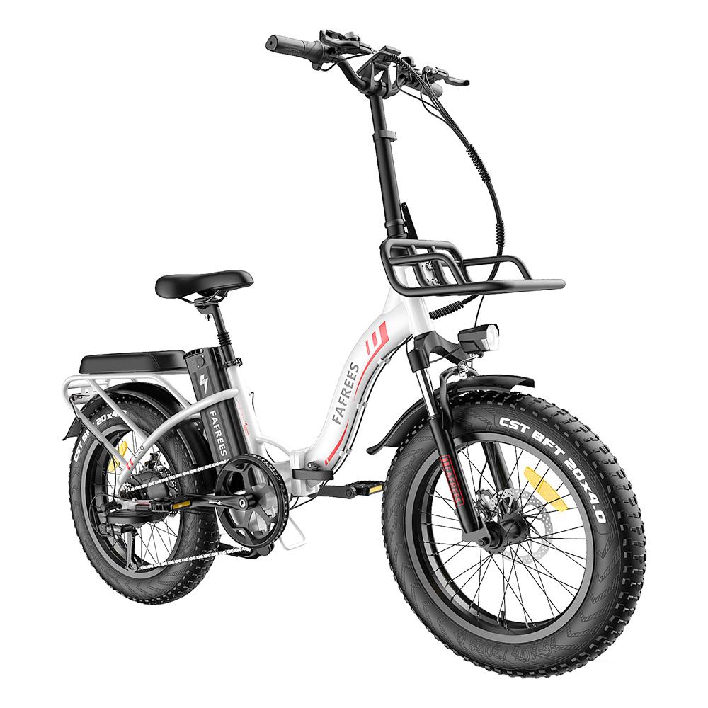 

FAFREES F20 Max Electric Bike 20*4.0 Inch Fat Tire 500W Brushless Motor 25Km/h Max Speed Folding Frame E-bike With Removable 48V 18Ah Lithium Battery 140KM Max Range 150KG Load Dual Disc Brakes Shimano 7 Speed Gear - White