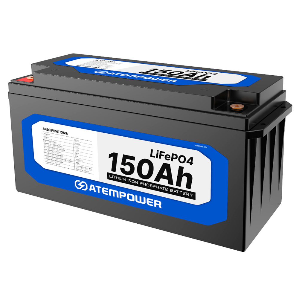 

ATEM POWER 12V 150Ah Lifepo4 Battery, 100A Continuous Discharge, Deep Cycle, Built-in BMS, Run in Parallel or Series, Black