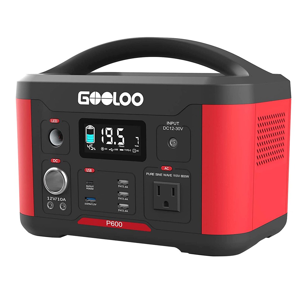 GOOLOO P600 Portable Power Station, 626Wh MPPT Solar Generator, 600W Pure Sine Wave AC Outlet, 9 Outputs, LED Flashlight