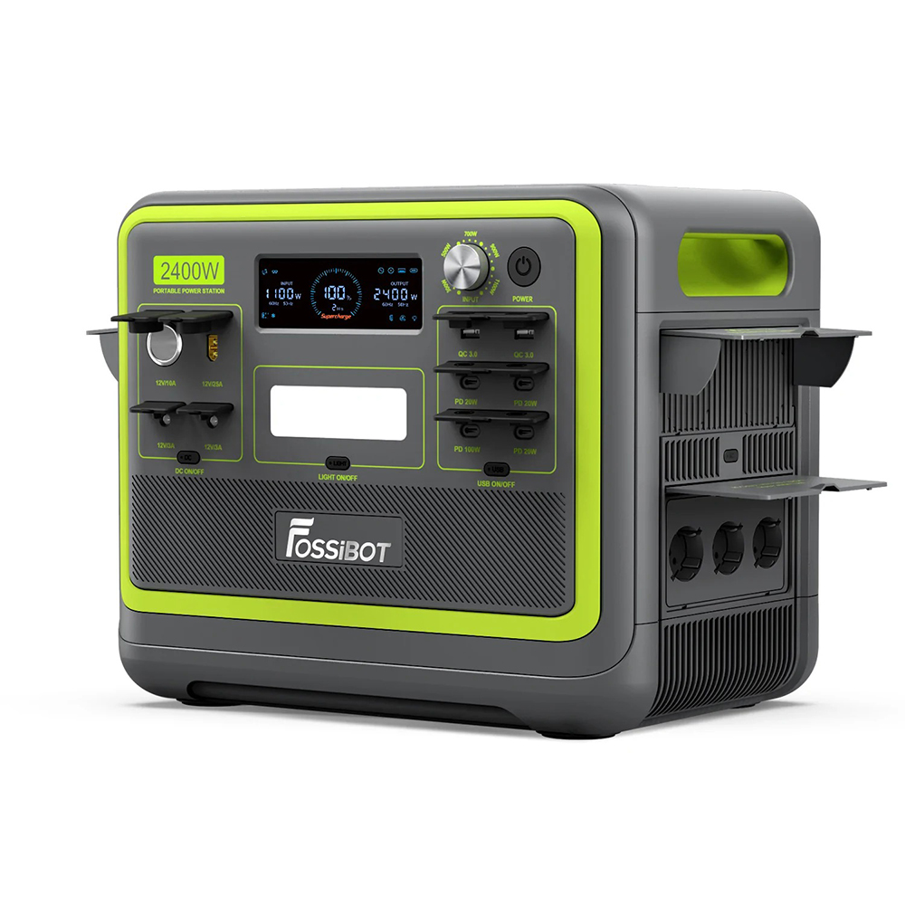 FOSSiBOT F2400 Portable Power Station, 2048Wh LiFePO4 Battery 2400W Output Solar Generator, 3xAC RV Car USB Type-C QC3.0 PD DC5521 Pure Sine Wave Full Outlets, 1.5 Hours Fast Charging, Input Power Adjustment Knob, Bidirectional Inverter, UPS - Green