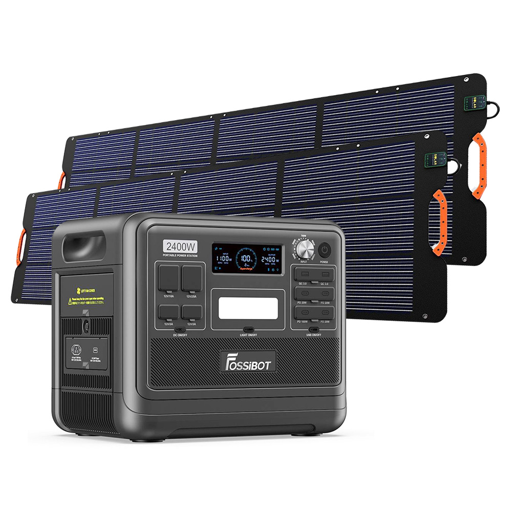 FOSSiBOT F2400 Portable Power Station Kit + 2 x FOSSiBOT SP200 18V 200W Foldable Solar Panel, 2048Wh LiFePO4 Battery 2400W Output Solar Generator, 3xAC RV Car USB Type-C QC3.0 PD DC5521 Pure Sine Wave Full Outlets, 1.5H Fast Charging, UPS, Outdoor
