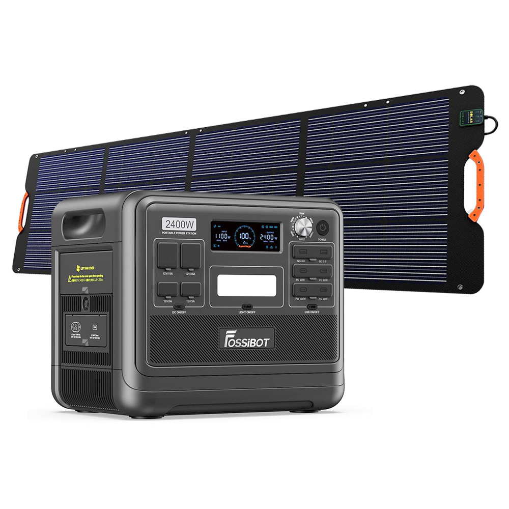 FOSSiBOT F2400 Portable Power Station Kit + FOSSiBOT SP200 18V 200W Foldable Solar Panel, 2048Wh/640000mAh LiFePO4 Battery, 2400W(4600W Peak) Solar Generator, 3xAC RV Car USB Type-C QC3.0 PD DC5521 Pure Sine Wave Full Outlets, 1.5 Hours Fast Charging
