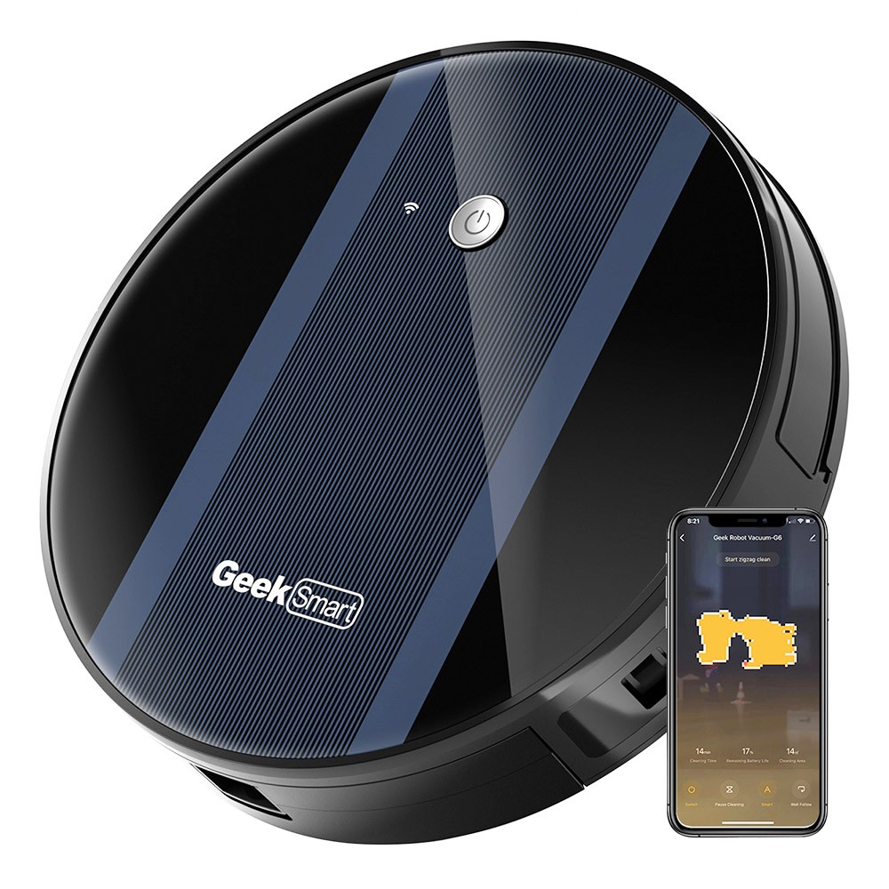 Geek Chef G6 Smart Robot Vacuum Cleaner, Ultra-Thin, 1800Pa Strong Suction, Automatic Self-Charging, 500ml Dustbin, 2600mAh Capacity, 100min Runtime, WiFi Connection, App Control