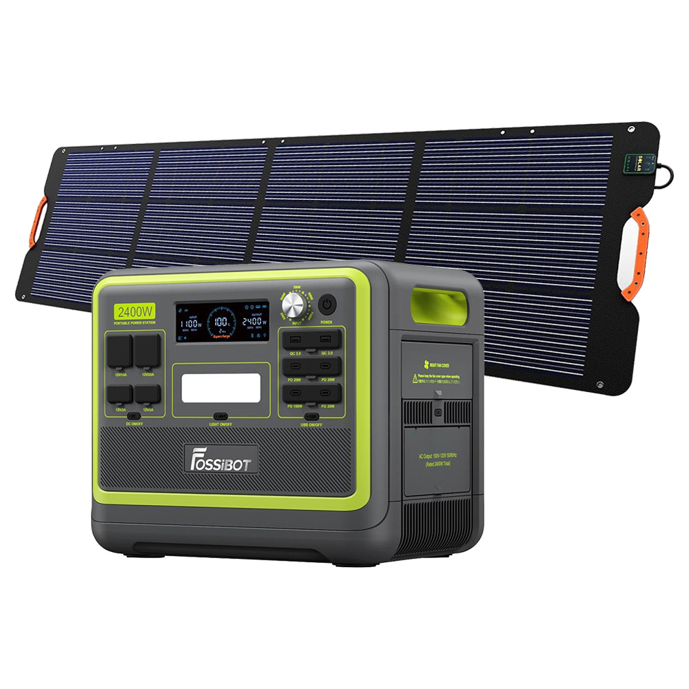 FOSSiBOT F2400 Portable Power Station + FOSSiBOT SP200 18V 200W Foldable Solar Panel, 2048Wh/640000mAh LiFePO4 Battery, 2400W(4600W Peak) Solar Generator, 3xAC RV Car USB Type-C QC3.0 PD DC5521 Pure Sine Wave Full Outlets, 1.5 Hours Fast Charging