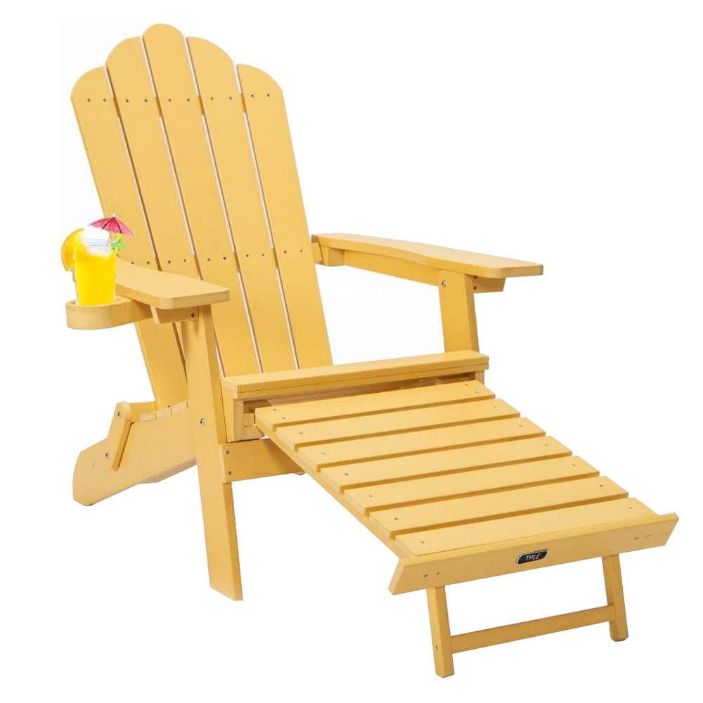 

TALE AC02Y Adirondack Chairs with Cup Holder, High Plastic Wood Patio Chairs, 380lbs Load Capacity, Pull Out Ottoman, Weather Resistant - Yellow