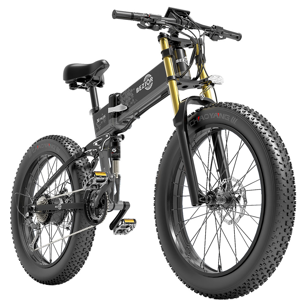 Bezior X-PLUS Electric Bike 1500W Motor 48V 17.5Ah Battery 26*4.0 Inch Fat Tire Mountain Bike 40Km/h Max Speed 200kg Load 130 KM Range LED Display IP54 Waterproof - Black