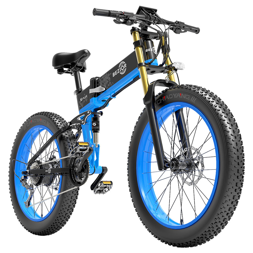 BEZIOR X-PLUS Electric Bike 1500W Motor 48V 17.5Ah Battery 26*4.0 Inch Fat Tire Mountain Bike 40Km/h Max Speed 200kg Load 130 KM Range LED Display IP54 Waterproof - Blue