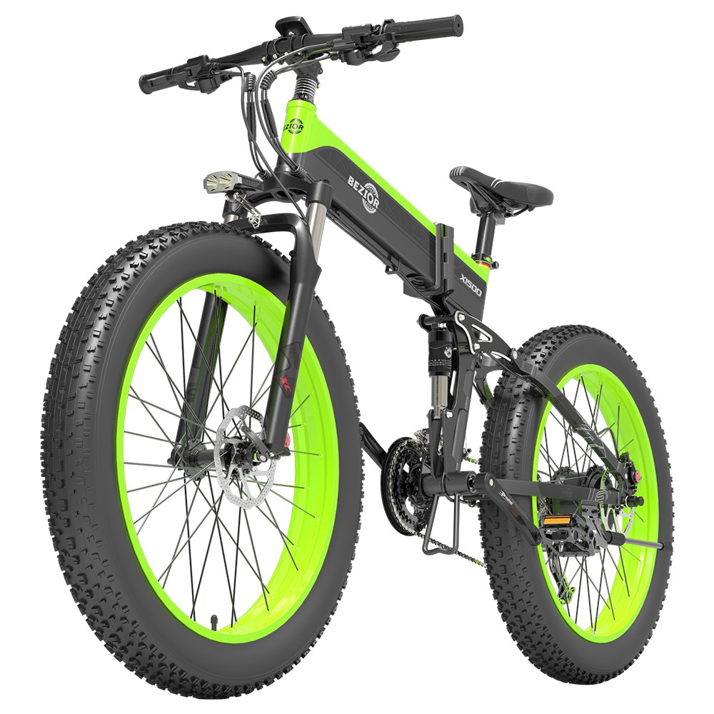 BEZIOR X1500 Folding Electric Mountain Bike 26*4.0 Inch Fat Tires 12.8Ah 48V 1500W 40Km/h 100KM Mileage Max Load 200KG Shimano 27-Speed Shifter - Black Green