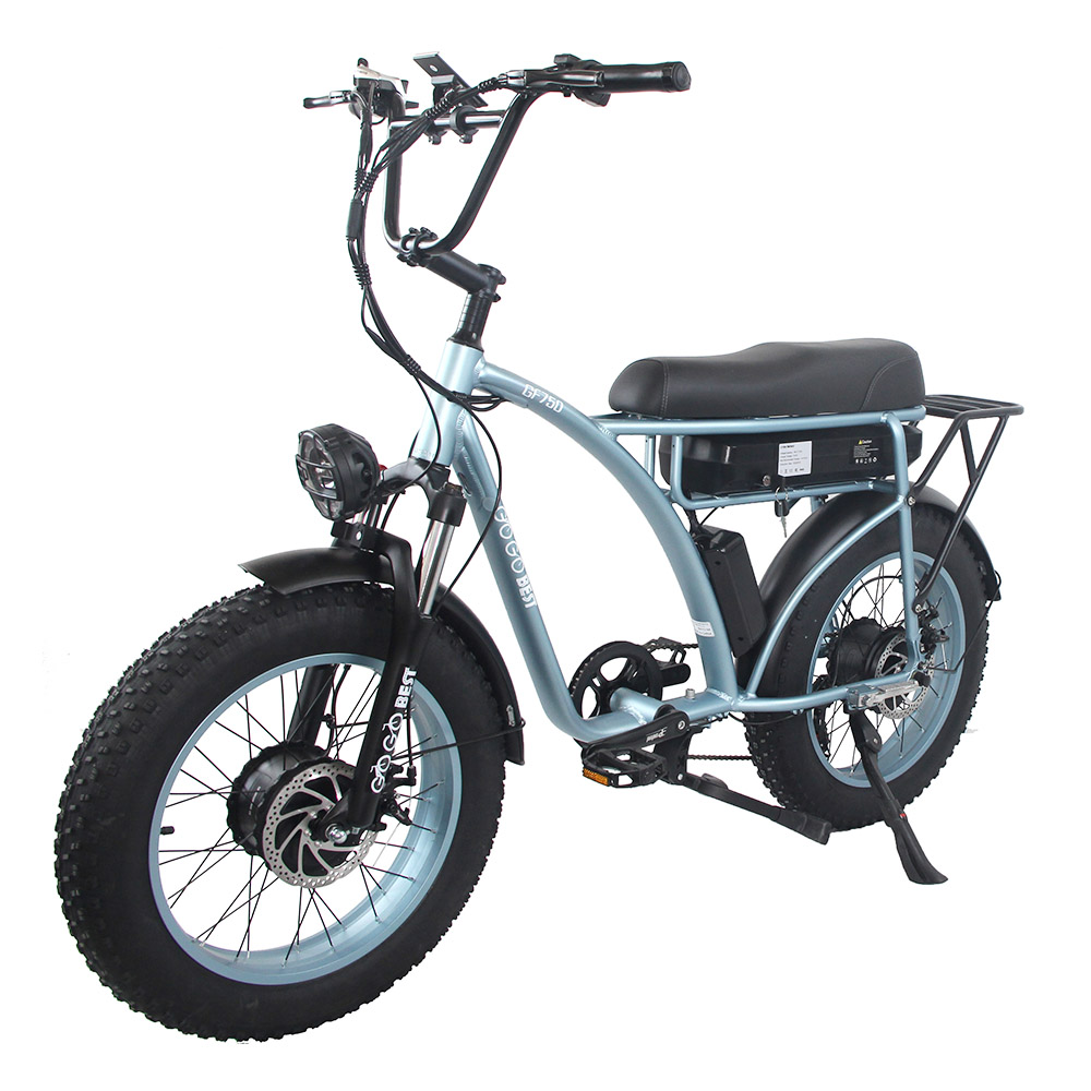 GOGOBEST GF750 Electric Retro Bicycle 20*4.0 Inch Fat Tire 1000W*2 Dual Motors 50Km/h Max Speed 48V 17.5Ah Battery 80KM Range Shimano 7-Speed Gear with USB Phone Charging 200KG Max Load - Blue