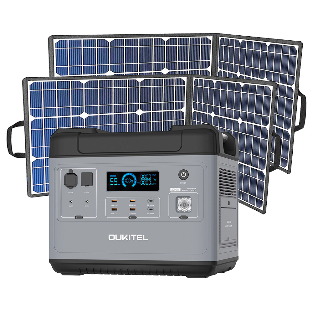 OUKITEL P2001 Ultimate 2000W Portable Power Station + 2 x Flashfish SP18V 100W Portable Solar Panel Outdoor Power Supply Kit, 2000Wh LiFePO4 Battery with Pure Sine Wave AC Outlets, QC3.0 & USB-C PD 100W, Super Fast Recharge Durable Generator