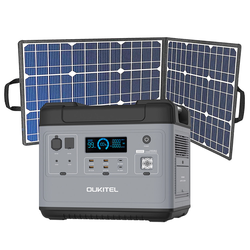 OUKITEL P2001 Ultimate 2000W Portable Power Station + Flashfish SP18V 100W Portable Solar Panel Outdoor Power Supply Kit, 2000Wh LiFePO4 Battery with Pure Sine Wave AC Outlets, QC3.0 & USB-C PD 100W, Super Fast Recharge Durable Generator for Outdoor