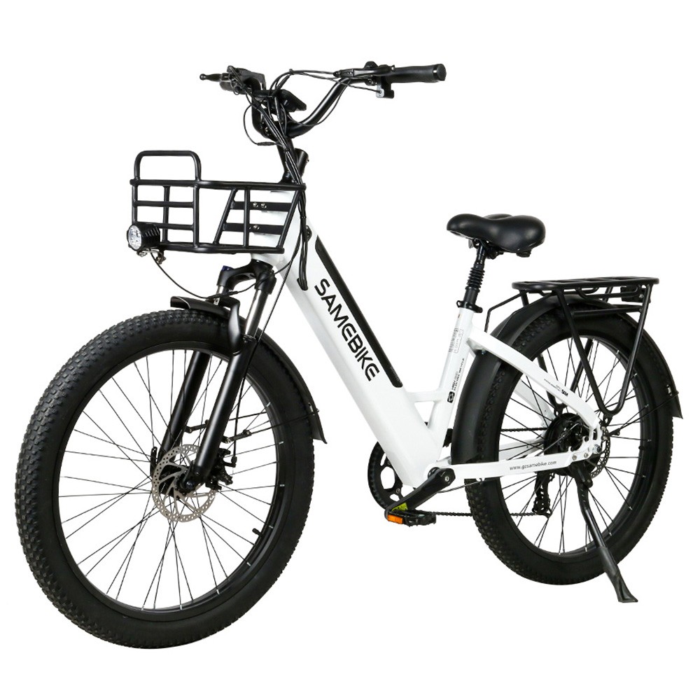 SAMEBIKE RS-A01 Electric Bike 26*3.0 Inch Chaoyang Tires 750W Motor 70N.m 25-35km/h Speed 48V 14Ah Battery Shimano 7-Speed Gear with Front & Rear Rack - White
