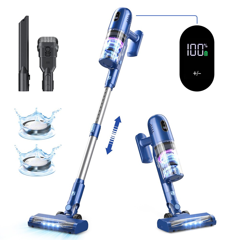 

PRETTYCARE P1 Cordless Vacuum Cleaner, 26KPa Suction, 1.2L Dust Cup, 45 Mins Runtime, 180W Motor, LED Display, Rotatable LED Brush Head - Blue