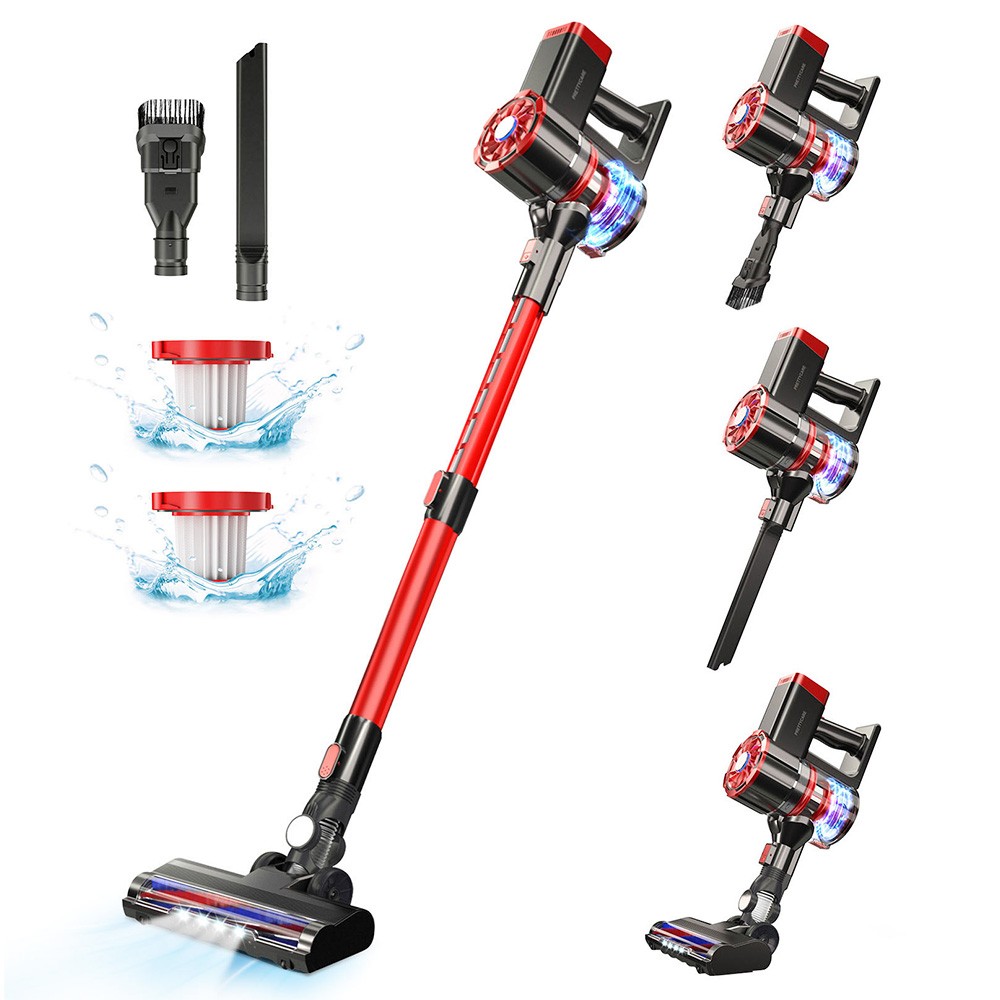

PRETTYCARE W100 Lightweight Cordless Vacuum Cleaner, 20KPa Suction, 1.2L Dustbin, 35 Mins Runtime, 2600mAh Removable Battery, Low Noise, Rotatable LED Brush Head - Red