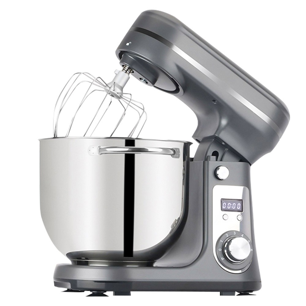 BioloMix BM601 1200W Kitchen Food Stand Mixer, Cream Egg Whisk, Cake Dough Kneader, 6L Capacity, Stainless Steel Bowl, 6-Speed, LED Display - Grey