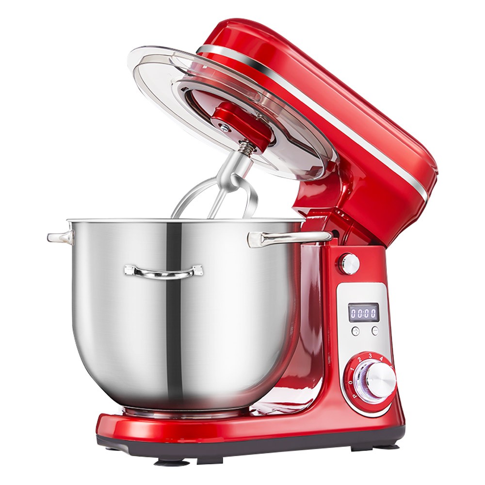BioloMix BM601 1200W Kitchen Food Stand Mixer, Cream Egg Whisk, Cake Dough Kneader, 6L Capacity, Stainless Steel Bowl, 6-Speed, LED Display - Red