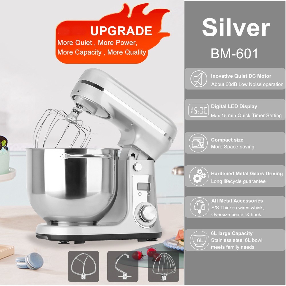BioloMix BM601 1200W Kitchen Food Stand Mixer Silver Europe