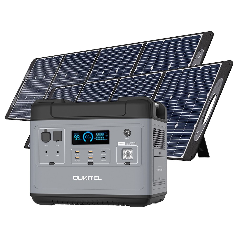 OUKITEL P2001 Ultimate 2000W Portable Power Station + 2 x OUKITEL PV200 200W Foldable Solar Panel, 2000Wh LiFePO4 MPPT Solar Generator with Pure Sine Wave AC Outlets, QC3.0 & USB-C PD 100W, Super Fast Recharge Durable Generator for Outdoor Camping