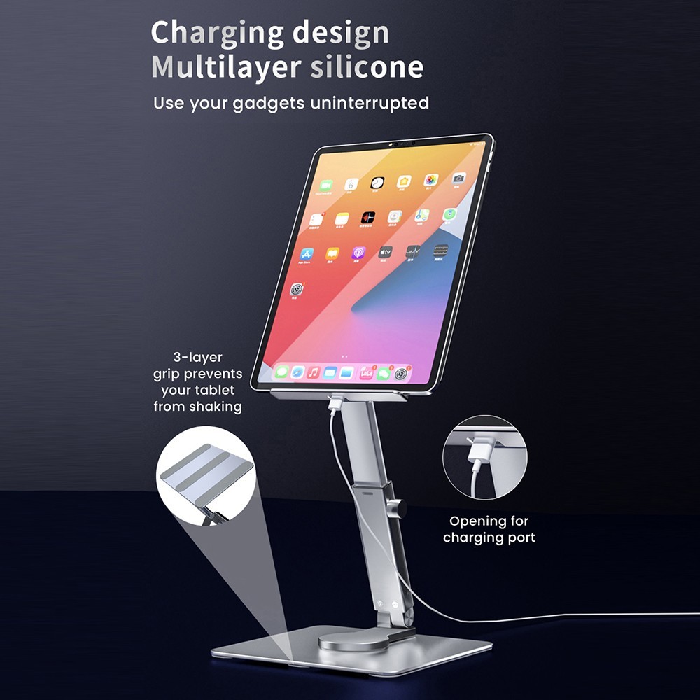 thumbnail image 2 of 360° Swivel Aluminum Tablet Stand – Foldable, Portable, Universal Fit Silver 2 of 6