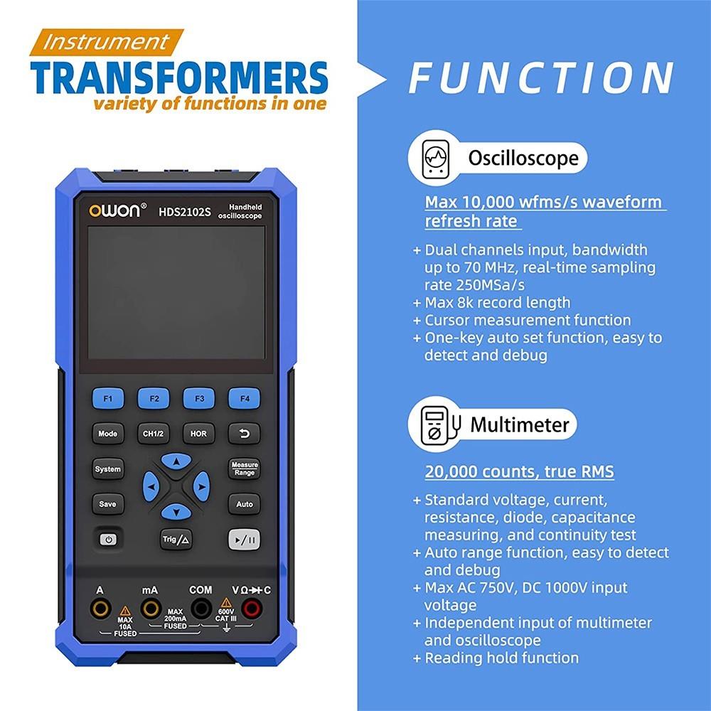 OWON HDS2102S Handheld Digital Oscilloscope – 3.5" LCD, 100MHz, 500MS/s + 1CH Signal Generator