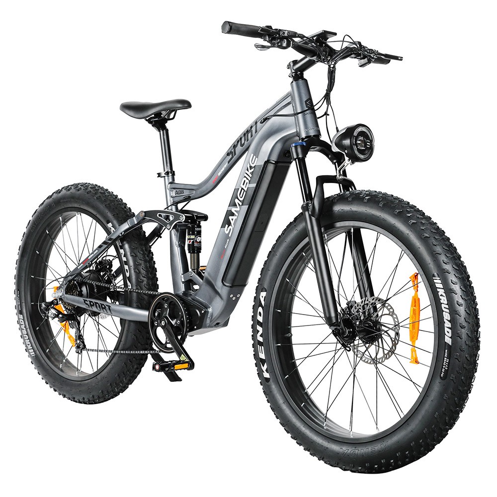 Samebike RS-A08 Electric Mountain Bike 26*4.0'' KENDA Fat Tires 48V 17Ah SAMSUNG Battery 750W Bafang Motor 35Km/h Max Speed Shimano 7 Speed Gear Double Suspension System - Gray