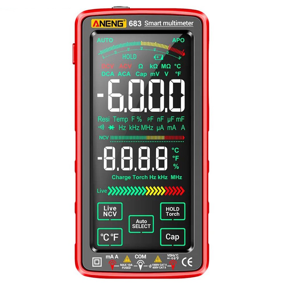 ANENG 683 Digital Multimeter, AC/DC Voltage Current Tester, 6000 Counts, Rechargeable Battery, Auto Range, Smart Touch Screen, Flashlight Lighting - Red