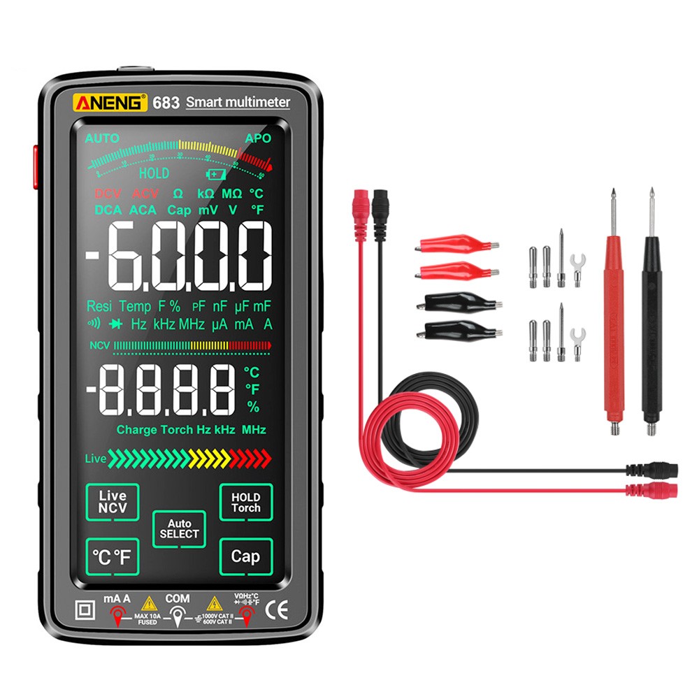 ANENG 683 Digital Multimeter with Combination Cable Set, AC/DC Voltage Current Tester, 6000 Counts, Rechargeable Battery, Auto Range, Smart Touch Screen, Flashlight Lighting - Black
