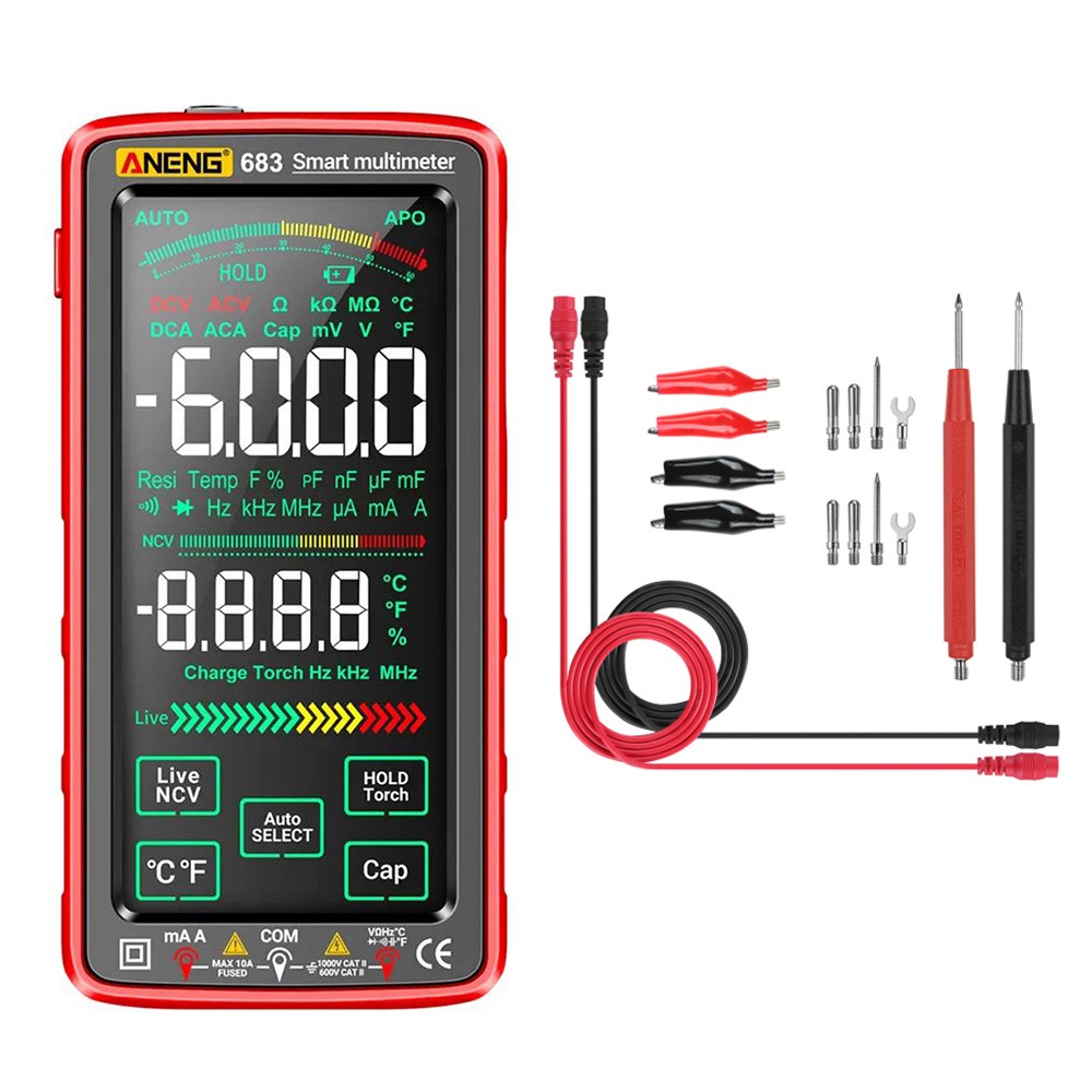 ANENG 683 Digital Multimeter with Combination Cable Set, AC/DC Voltage Current Tester, 6000 Counts, Rechargeable Battery, Auto Range, Smart Touch Screen, Flashlight Lighting - Red