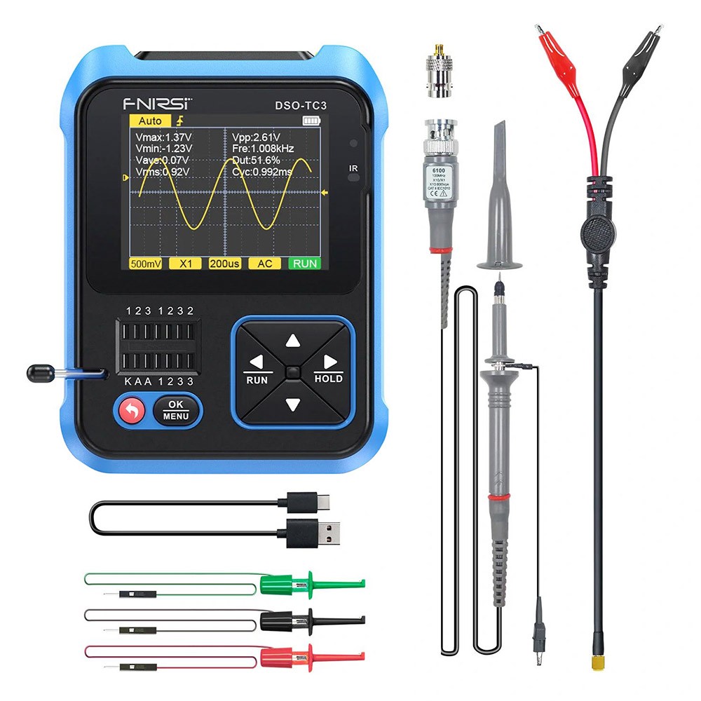 FNIRSI DSO-TC3 3 in 1 Digital Oscilloscope with P6100 High Voltage Probe, DDS Signal Generator, Transistor Tester, 1 Channel, 500Khz Bandwidth, 10MSa/s Sampling Rate, 6 Types of Waveforms