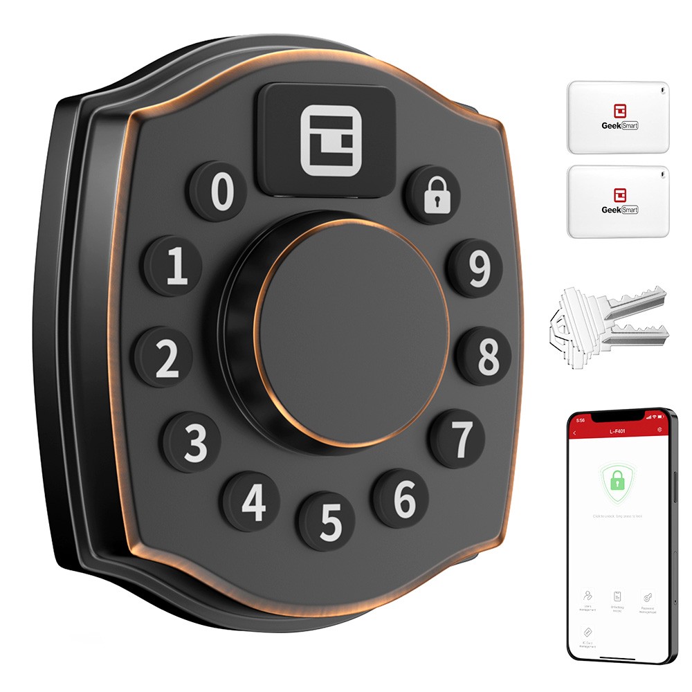 Geek Smart L-F401 4 in 1 Keyless Entry Smart Deadbolt Door Locks, with Keypad, App Control, IC Card, Mechanical Key, IP65 Waterproof, for Both Left and Right - Black