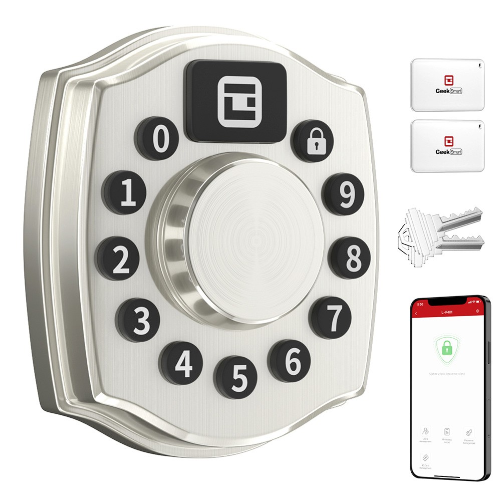 Geek Smart L-F401 4 in 1 Keyless Entry Smart Deadbolt Door Locks, with Keypad, App Control, IC Card, Mechanical Key, IP65 Waterproof, for Both Left and Right - Silver