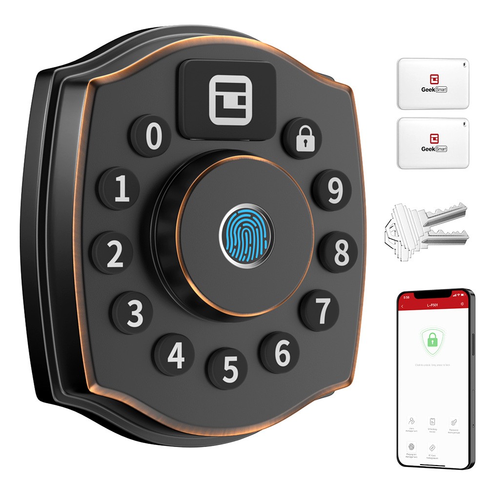 Geek Smart L-F501 5 in1 Keyless Entry Smart Deadbolt Door Locks, with Keypad, Fingerprint Unlock, App Control, IC Card, Mechanical Key, IP65 Waterproof, for Both Left and Right - Black