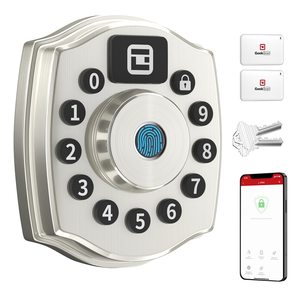 Geek Smart L-F501 5 in1 Keyless Entry Smart Deadbolt Door Locks, with Keypad, Fingerprint Unlock, App Control, IC Card, Mechanical Key, IP65 Waterproof, for Both Left and Right - Silver