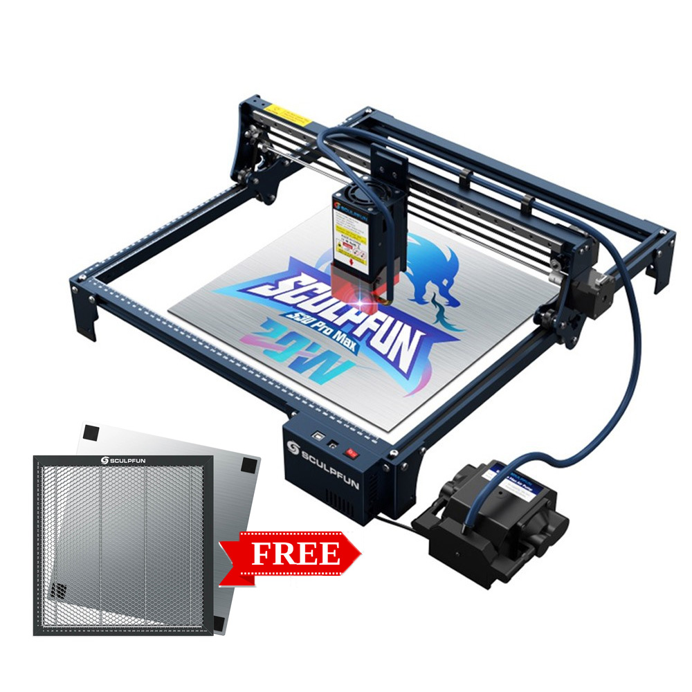 

SCULPFUN S30 Pro Max 20W Laser Engraver Cutter, Automatic Air-assist, 0.08*0.1mm Laser Focus, 32-bit Motherboard, Replaceable Lens, Engraving Size 410*400mm, Expandable to 935*905mm