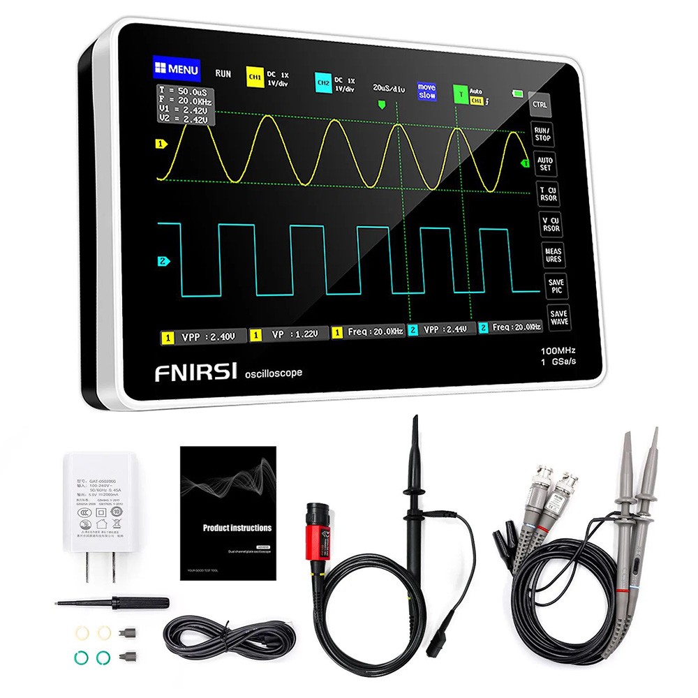 FNIRSI 1013D 7 inch Tablet Oscilloscope with 100X High Voltage Probe, 2 Channels, 100MHz Bandwidth, 1GSa/s Sampling - US Plug