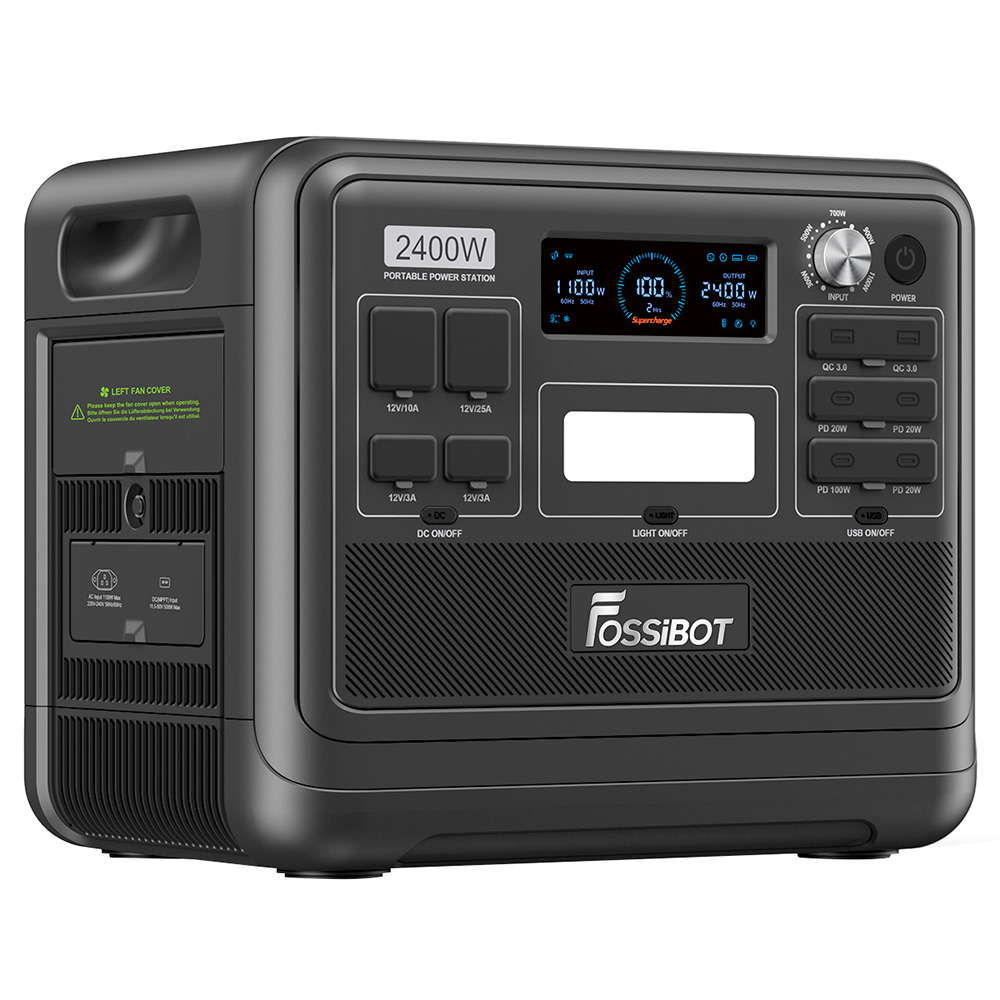 FOSSiBOT F2400 Portable Power Station, 2048Wh/640000mAh LiFePO4 Battery, 2400W(4600W Peak) Solar Generator, 3xAC RV Car USB Type-C QC3.0 PD DC5521 Pure Sine Wave Full Outlets, 1.5 Hours Fast Charging, MPPT Charge Controller BMS - Black