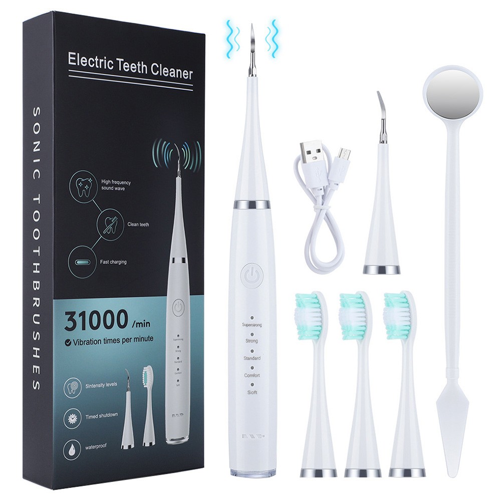 

Electric Toothbrush Teeth Cleaner Kit, 5 Gears High Frequency Vibration, 400mAh Battery, USB Charging, IPX6 Waterproof - White