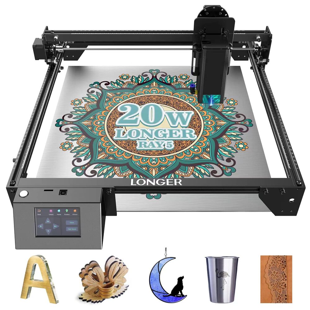 LONGER RAY5 20W Laser Engraver Cutter, Fixed Focus, 0.08*0.1mm Laser Spot, Color Touchscreen, 32-Bit Chipset, Support APP Connection, Working Area 375*375mm