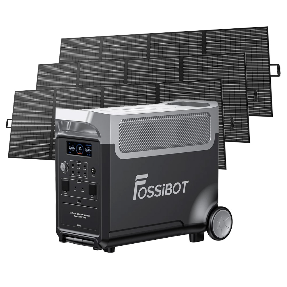 FOSSiBOT F3600 Portable Power Station + 3 x FOSSiBOT SP420 420W Solar Panel, 3840Wh LiFePO4 Solar Generator, 3600W AC Output, 2000W Max Solar Charge, Fully Recharge in 1.5 Hours, 13 Output Ports, LCD Screen, Removable Flashlight Torch, 3W LED Light