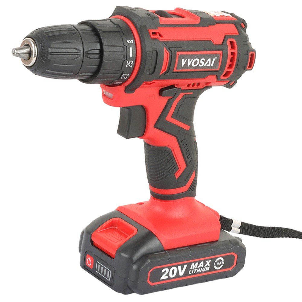 

VVOSAI WS-3020-A1 20V Cordless Drill Electric Screwdriver, 3/8 inch Chuck Size, 2 Speed, 1.5Ah Battery Capacity, LED Light, with Paper Box, Red