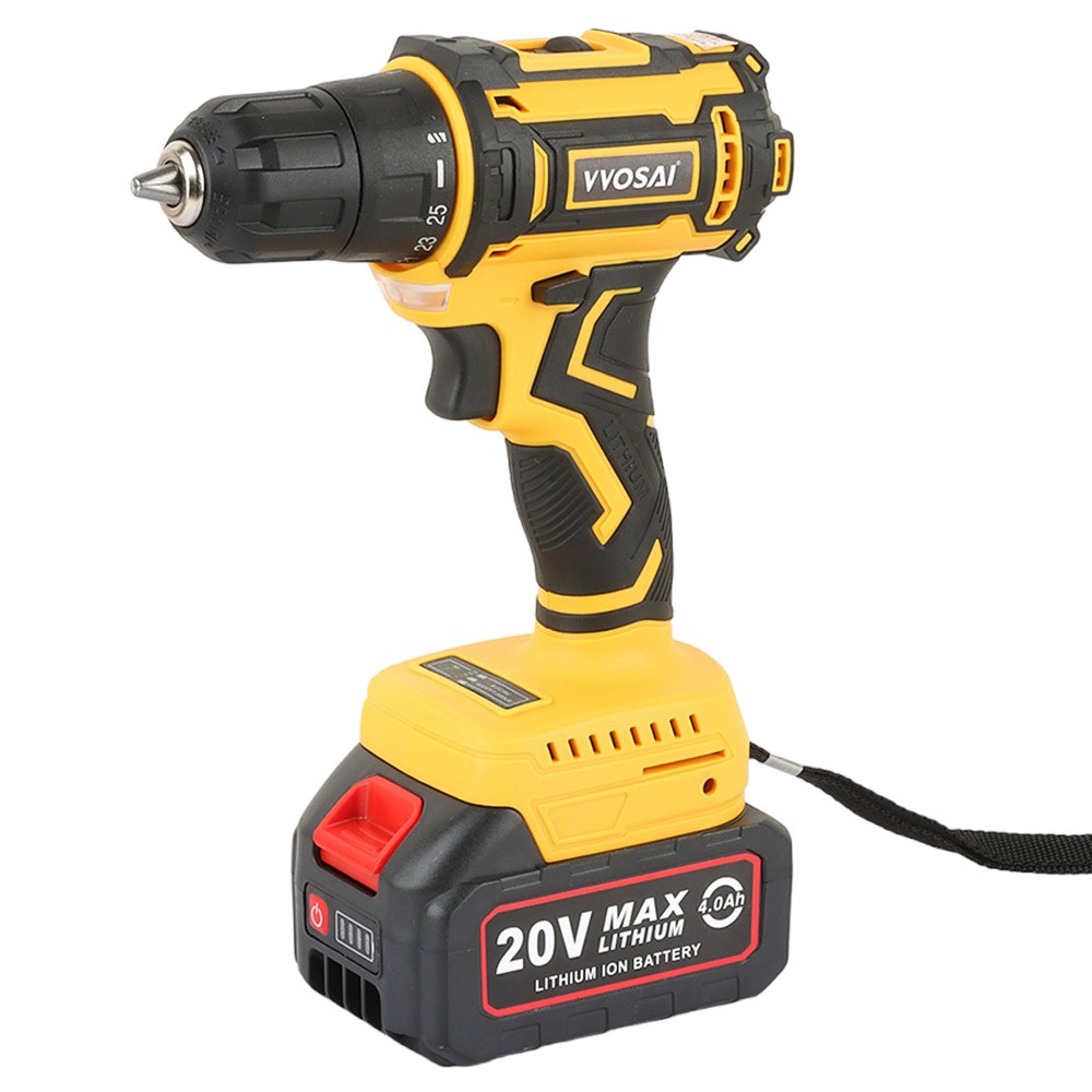 

VVOSAI WS-7020-B2P 20V Cordless Drill Electric Screwdriver, 3/8 inch Chuck Size, 2 Speed, 50N.m Torque, 4.0Ah Battery Capacity, LED Light, with 28pcs Drill Bits Kit